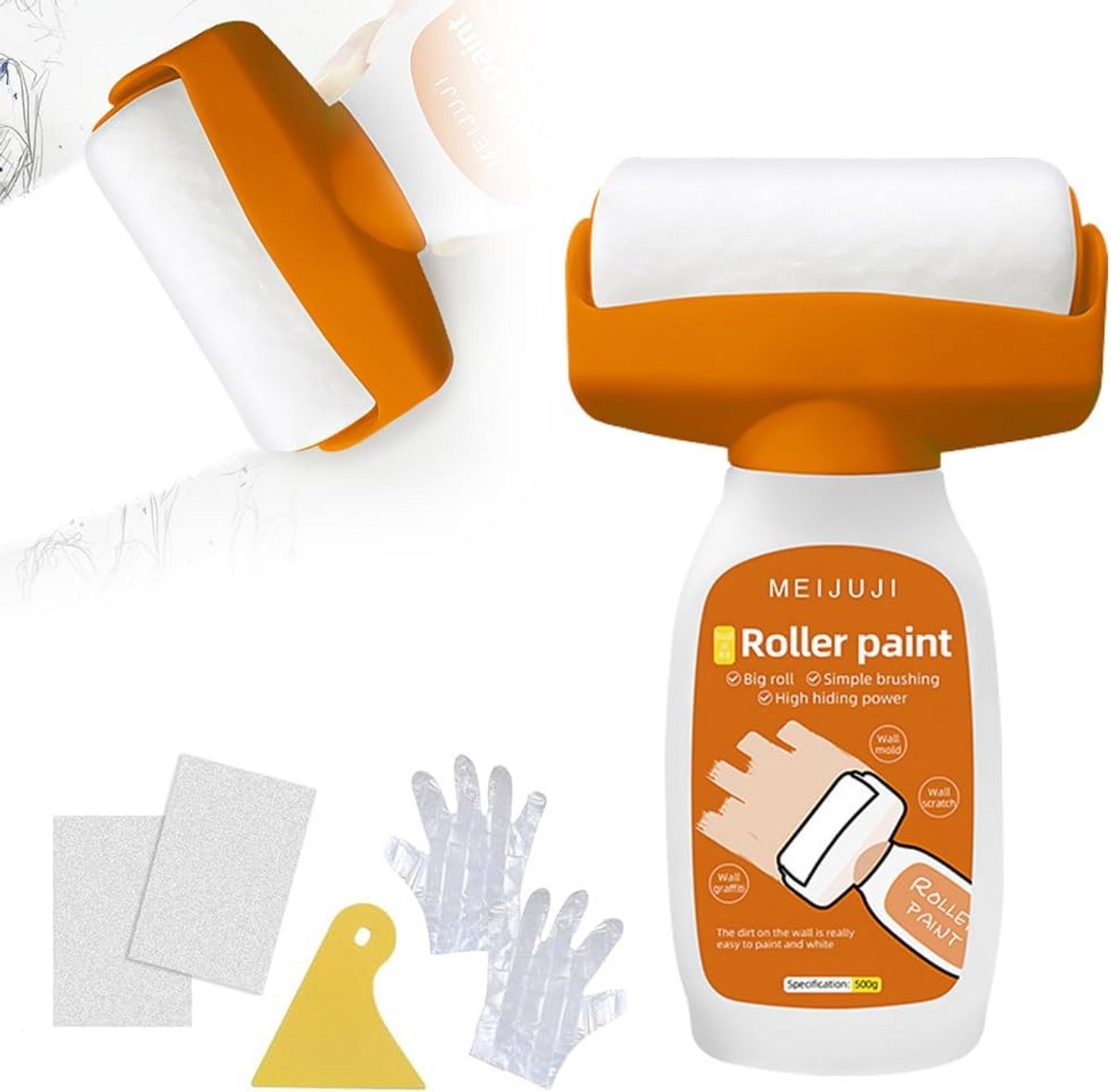 2-in-1 wandreparatie rolborstel 500 g – witte muurverf met reparatiepasta voor krassen, graffiti en vlekken – geurloos & makkelijk aan te brengen