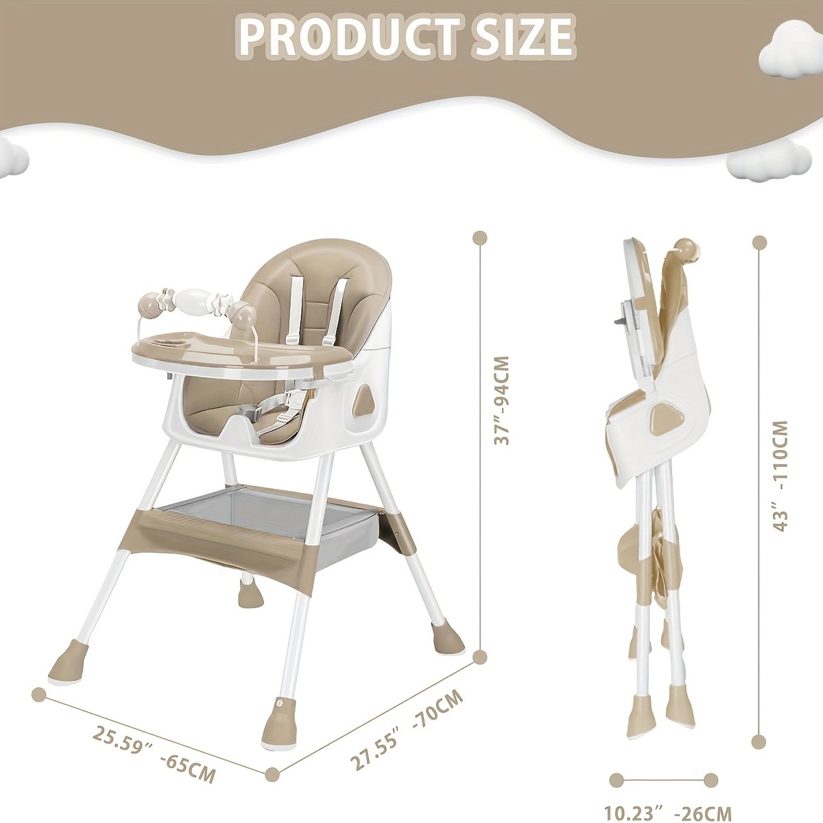 Kinderstoelen-Babystoel-Baby eetstoel Opvouwbaar-Verstelbare Draagbare Eetstoel met 5-Punts Gordels- Multifunctionele Zitplek om te eten, drinken en spelen Met Ergonomische Rugleuning-Comfortabele Kussens En Voetensteun-Khaki. – foto 5