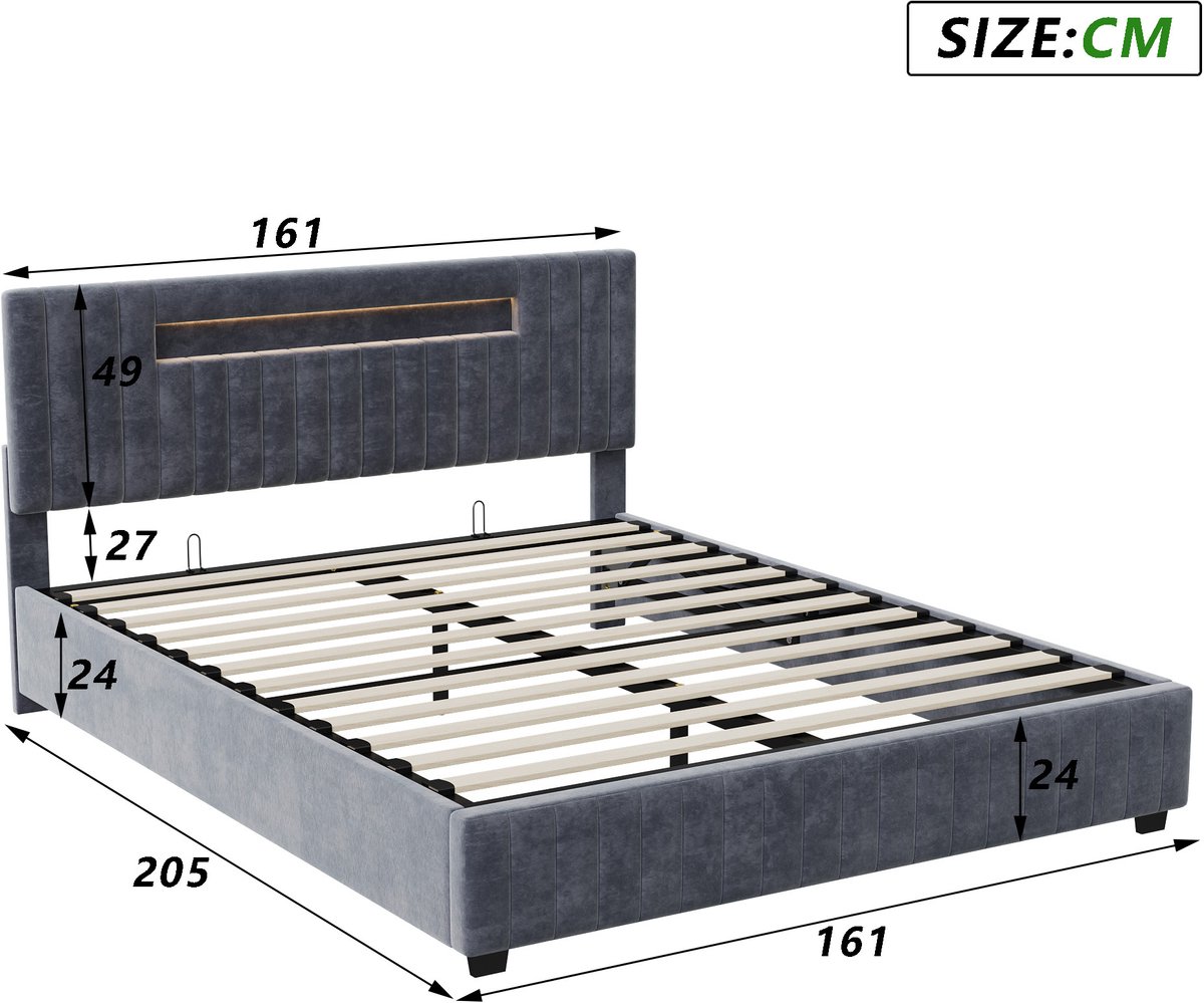 SHOPENTRA Opbergbed 160x200 cm Grijs Fluweel thumbnail 4