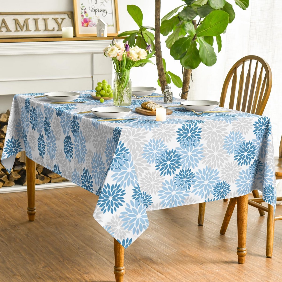 Bloemen Kerst Tafelkleed Blauwe Dahlia's Winter Tafelrok 140x180cm