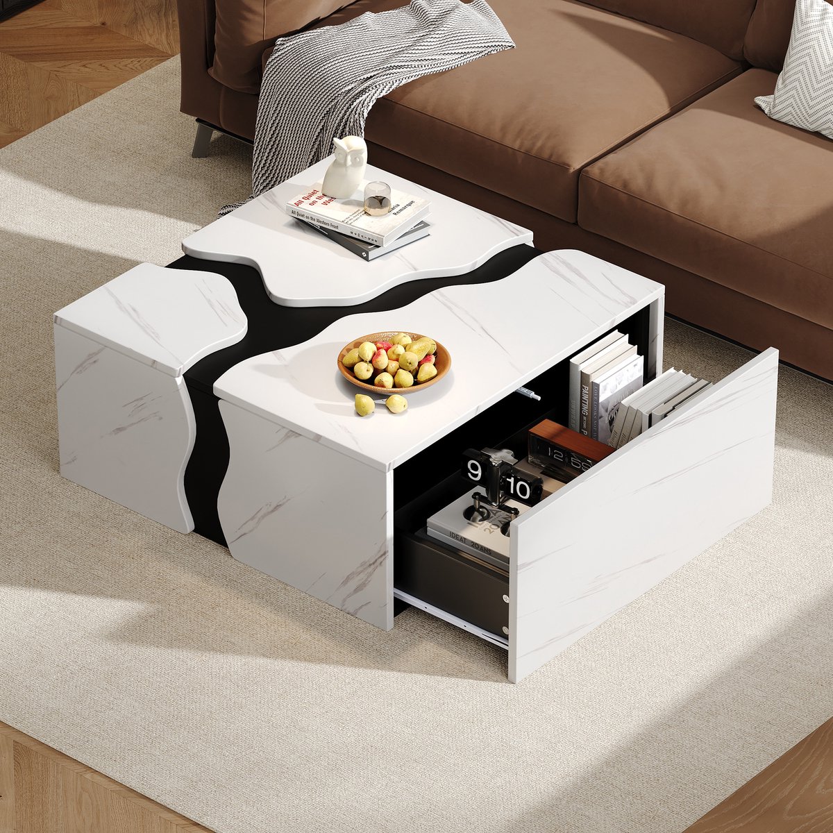 Salontafel - 70 x 70 x 31 cm - Geometrisch Design - Met Lade - Uniek Marmor Design - Opbergruimte en Speltafel