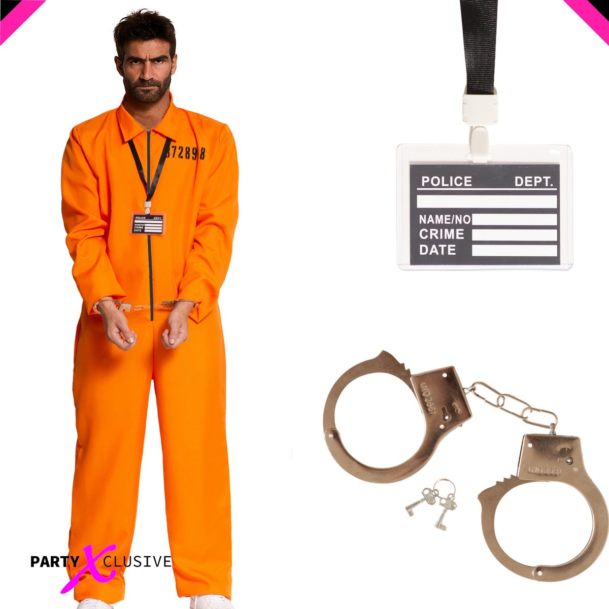 Partyxclusive 3- Delig Oranje Gevangenis Kostuum Heren Jumpsuit/Handboeien/Keycord met Badge Boevenpak Carnaval Themafeest Verkleedkleding Volwassenen - oranje - Polyester - Jumpsuit - XL