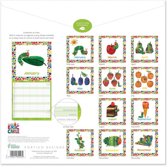 2025 Familiekalender De Hongerige Rups. Elke maand toont een illustratie van de rups en voedsel. Achteraan een overzicht van de maanden met ruimte voor notities.