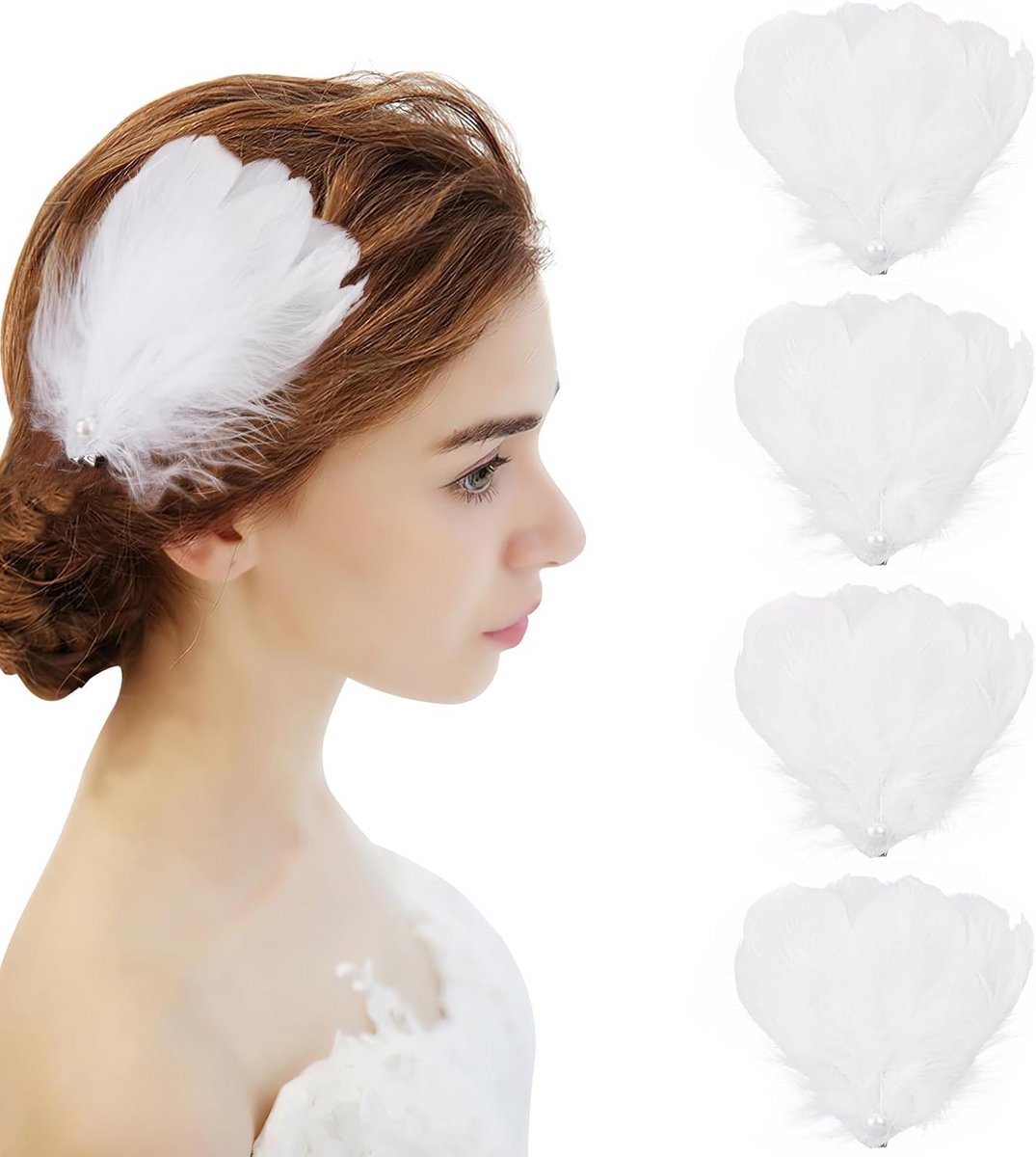 Witte Veren Haarspelden met Parel - Elegant Haarsieraad voor Feest en Kostuum