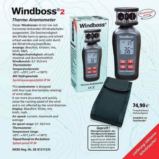 Windmeter met thermometer voor surfen, zeilen en kiten — afbeelding 3