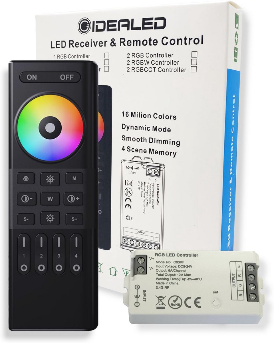 RGBW LED-controller met draadloze afstandsbediening voor 4 zones - dimbare kleurverandering voor LED-strips