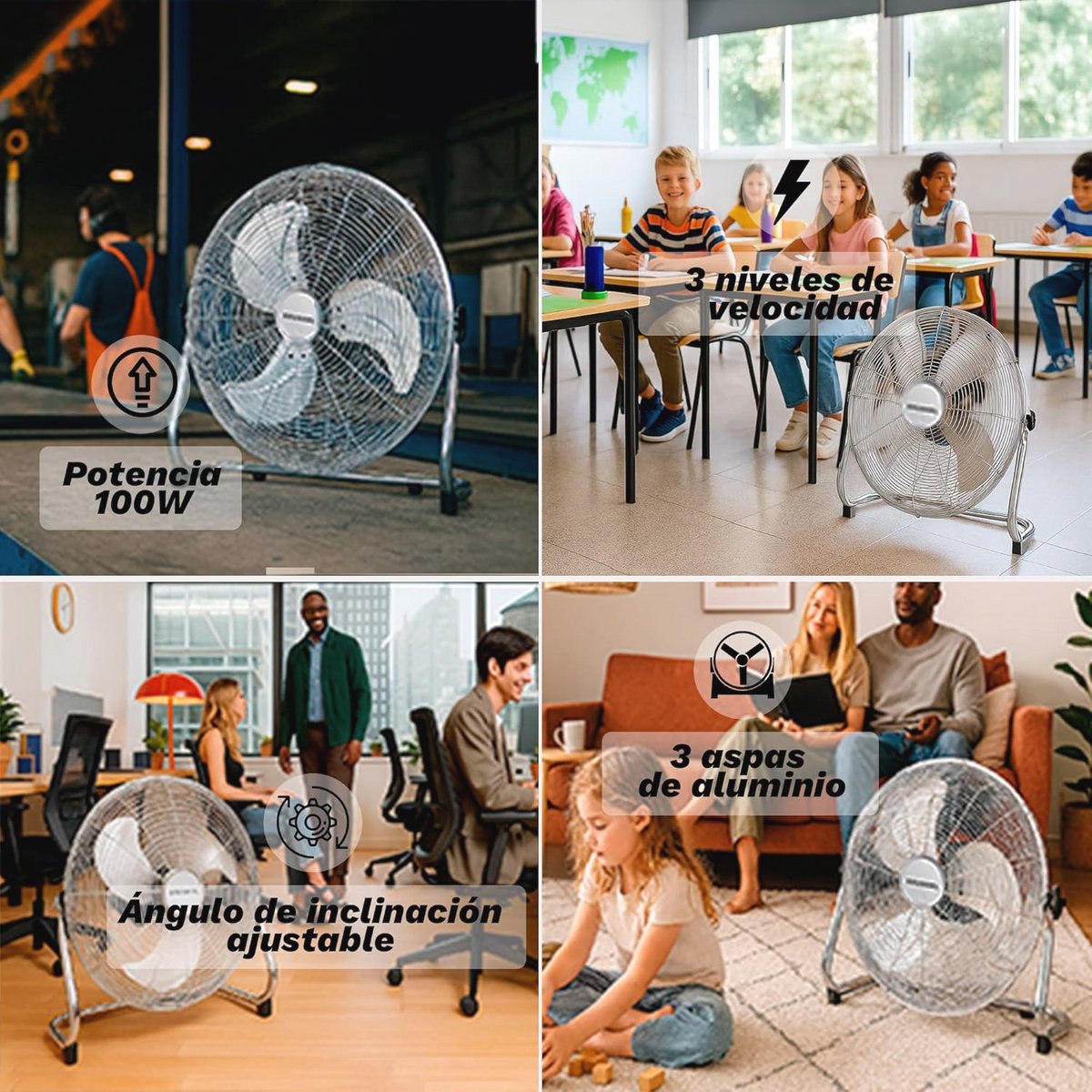 Industriële Vloerventilator 45 cm met 3 Snelheden en Verstelbare Hellingshoek - Hoog Vermogen - Metaal