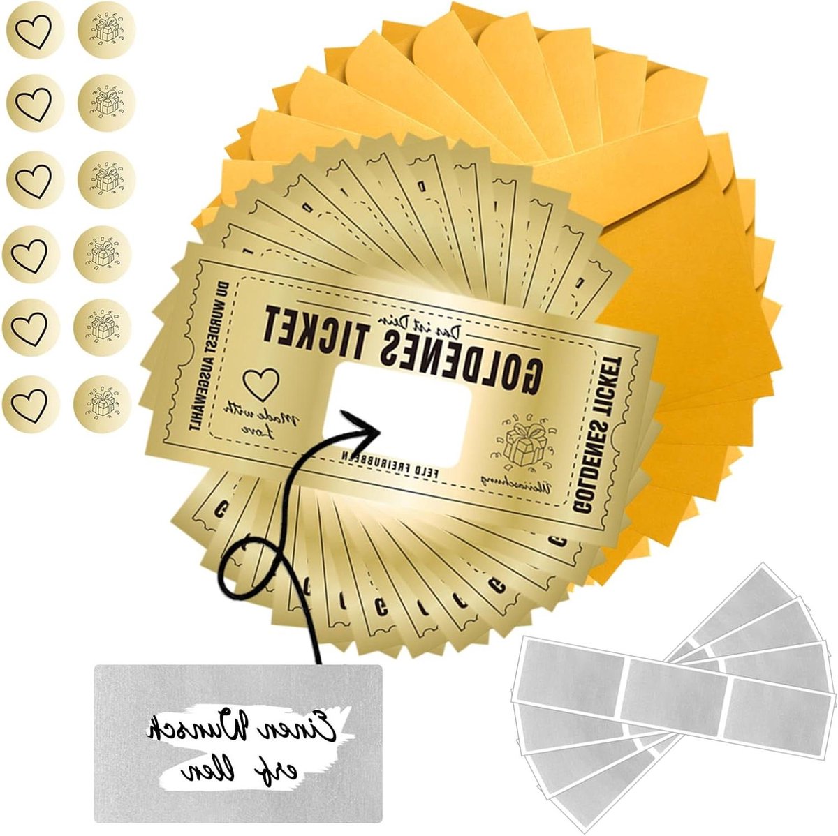 Allecta - Gouden Ticket Cadeaubonnen om Zelf In te Vullen - 12 Stuks - Krasstickers - Met Envelop - Verjaardagskaart - Cadeau-idee voor Vrouwen en Mannen