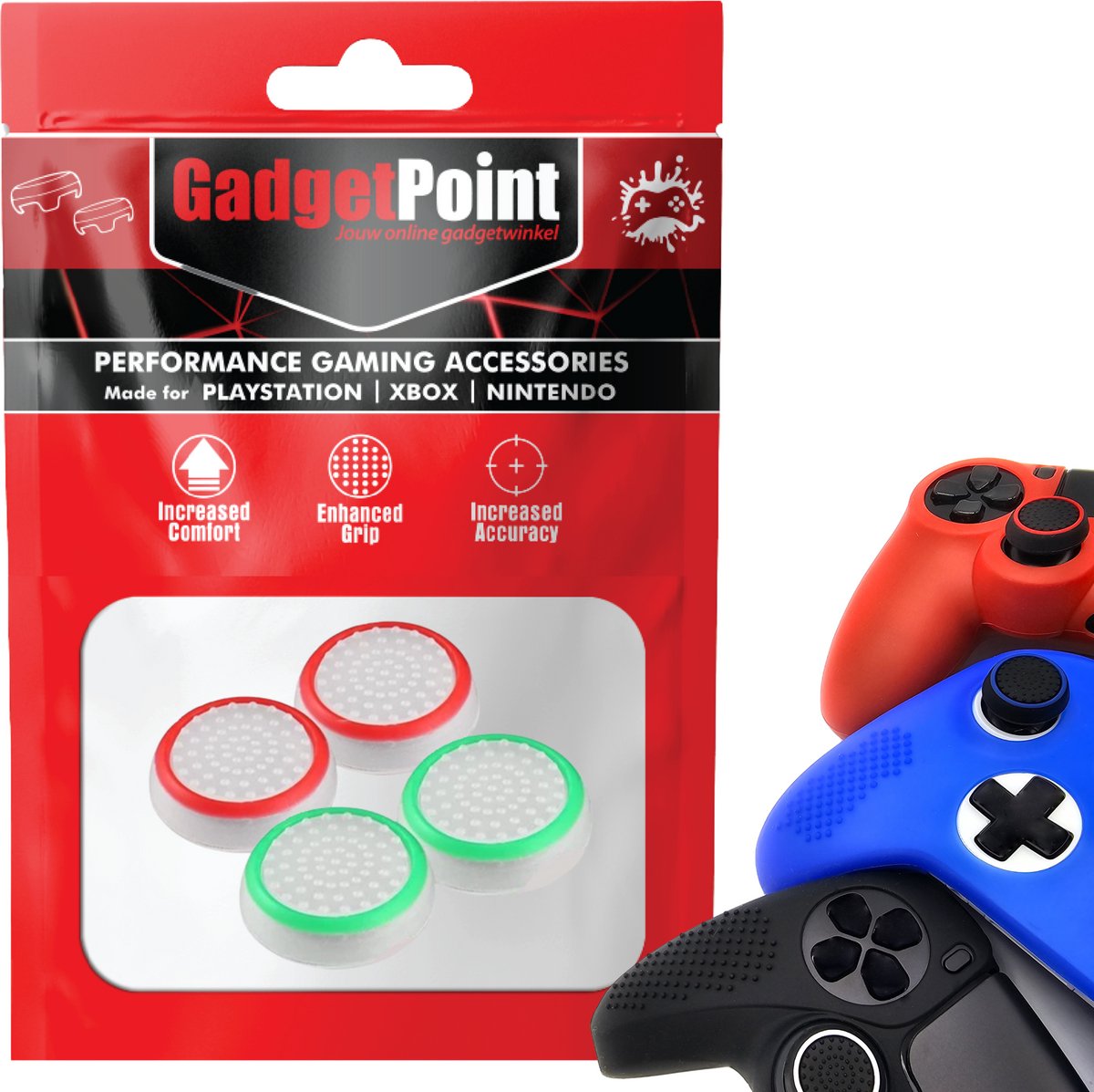 Gadgetpoint - Thumb Grips voor PlayStation, PS5, Xbox X/S, One & Switch Pro Controller - Gaming Thumbgrips - Performance Anti-Slip Thumbsticks - Bescherming Accessoires - Wit Groen en Wit Rood