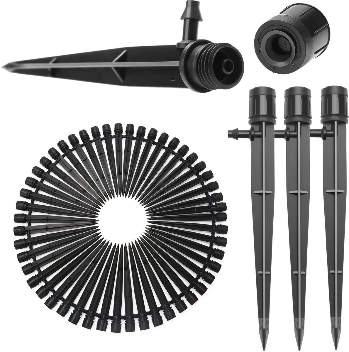 50 Stuks 360 Graden Verstelbare Irrigatie Druppelaar Sprinkler, VooGenzek Micro Stake Druppelaar met Barbed Connector voor 4/7 mm Tuinslang Irrigatiesysteem, Waterstroom Stake Emitter, Zwart