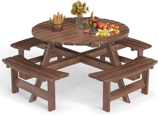 Tuinmeubelset voor 8 personen van dennenhout met parasolgat, ideaal voor buitengebruik