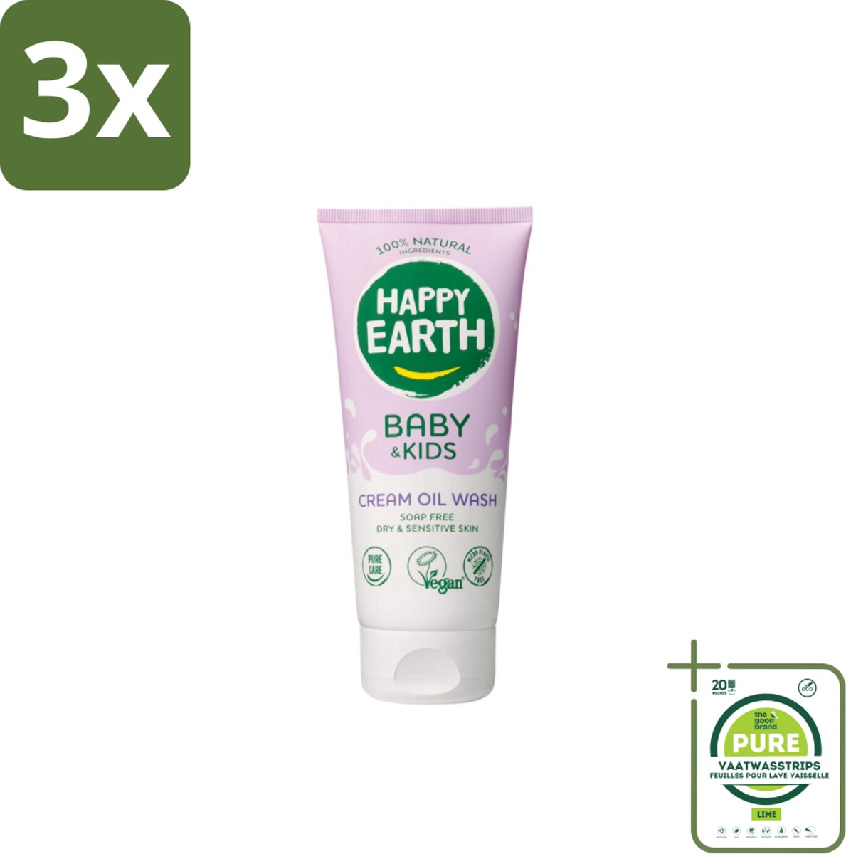 3 x Happy Earth – Cream Oil Wash – 100% Natuurlijk Baby & Kids – 200 ml - Grootverpakking - Babyolie - Gezichtsolie - Lichaamsoil - Natuurlijke Babyolie - Gezicht En Lichaam Verzorging