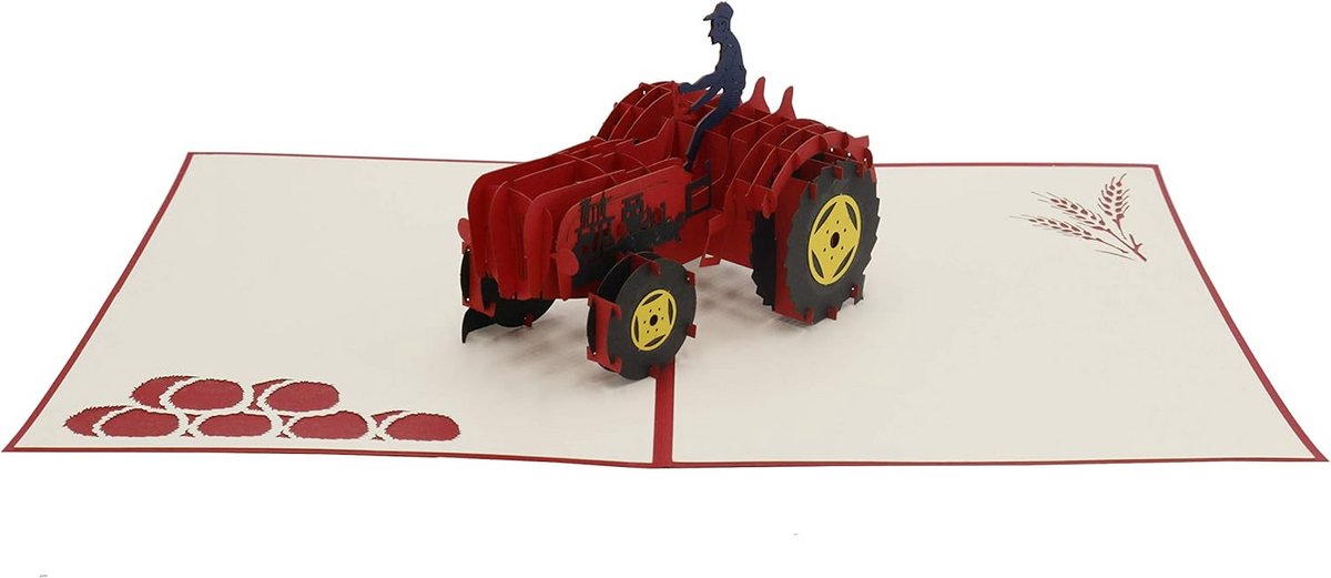 3D Vouwkaart met Rode Oldtimer Tractor, Handgemaakte Pop-up Wenskaart voor Boer of Boerderij Liefhebber