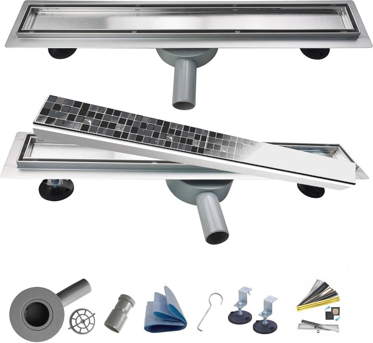 Vloerverwarming 2-in-1 lineaire roestvrijstalen bodemafvoer, supervlak, complete set voor badkamer met douchegoot, 90 cm, zilver