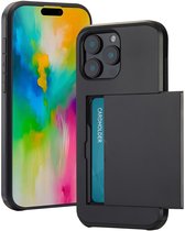 Zwarte telefoonhoes met pasjeshouder en telefoon met kleurrijk scherm, die de pasjeshouder functionaliteit tonen.