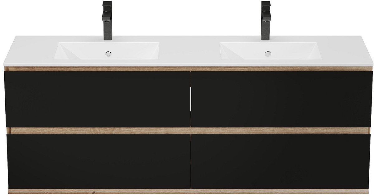 Vente-unique Hangmeubel voor badkamer met inbouwwastafel - Licht naturel en zwart - 150 cm - SABURI