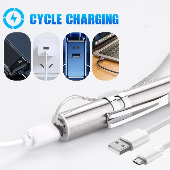 Een set van drie oplaadbare LED-zaklampjes in penvorm - inclusief USB-oplaadkabel - waterdichte mini-zaklampjes - roestvrij staal - met clip - geschikt voor machineonderhoud en noodverlichting - compact ontwerp - past in portemonnees en werktassen — afbeelding 4