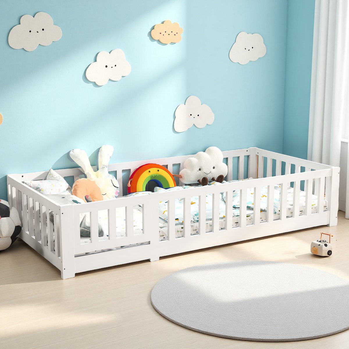 ROSAHQNDA Kinderbed met valbeveiliging, 90x200cm massief grenen, Montessori vloerbed voor jongens en meisjes, wit