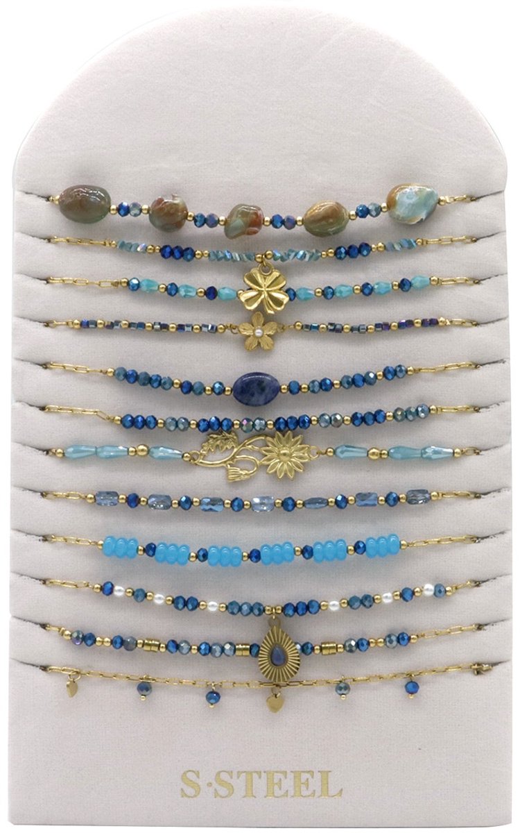 Ketting set - RVS - blauw - 12 stuks - sieraden display
