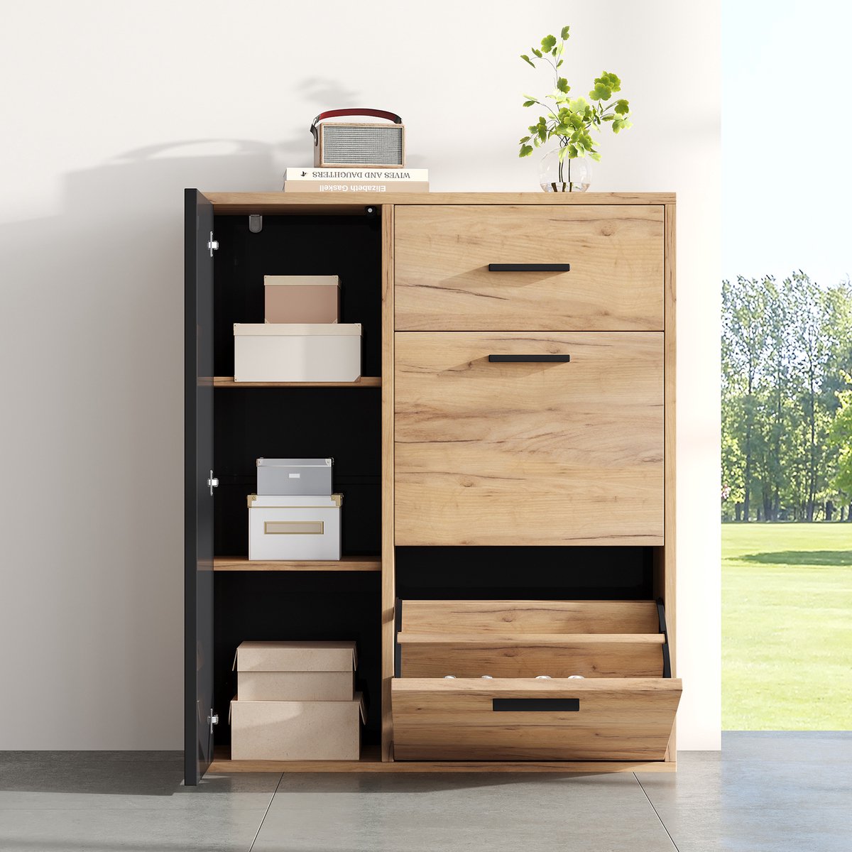 Sweiko Schoenenkast - Verstelbare planken - Met lades - 80 x 24 x 95.5 cm - Zwart + naturel