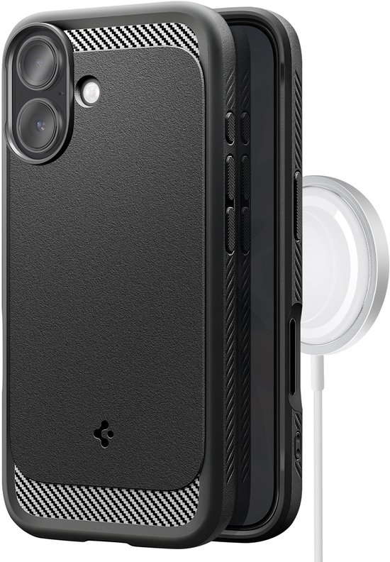 Zwart telefoonhoesje met MagSafe lader, toont cameralensuitsparing en gestructureerd middenpaneel.