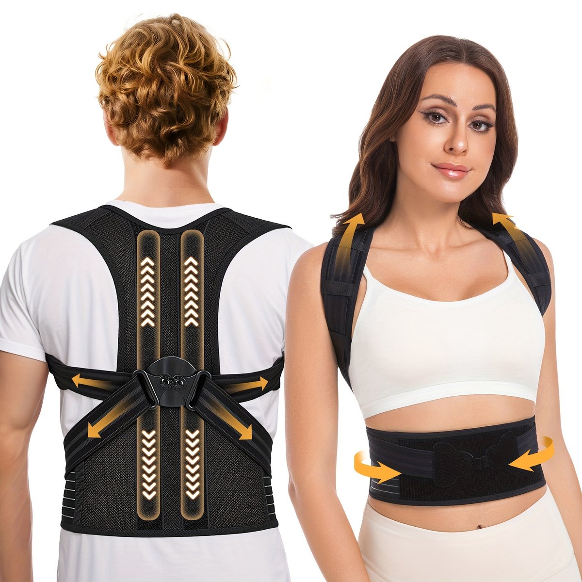 Rugbrace-Rugband-Rug ondersteuning Vrouwen en Mannen-Verstelbare Rugrechtermaker - Rugbrace voor Ondersteuning van de Bovenrug- Verbetering van Houding-Maat (M) -Zwart