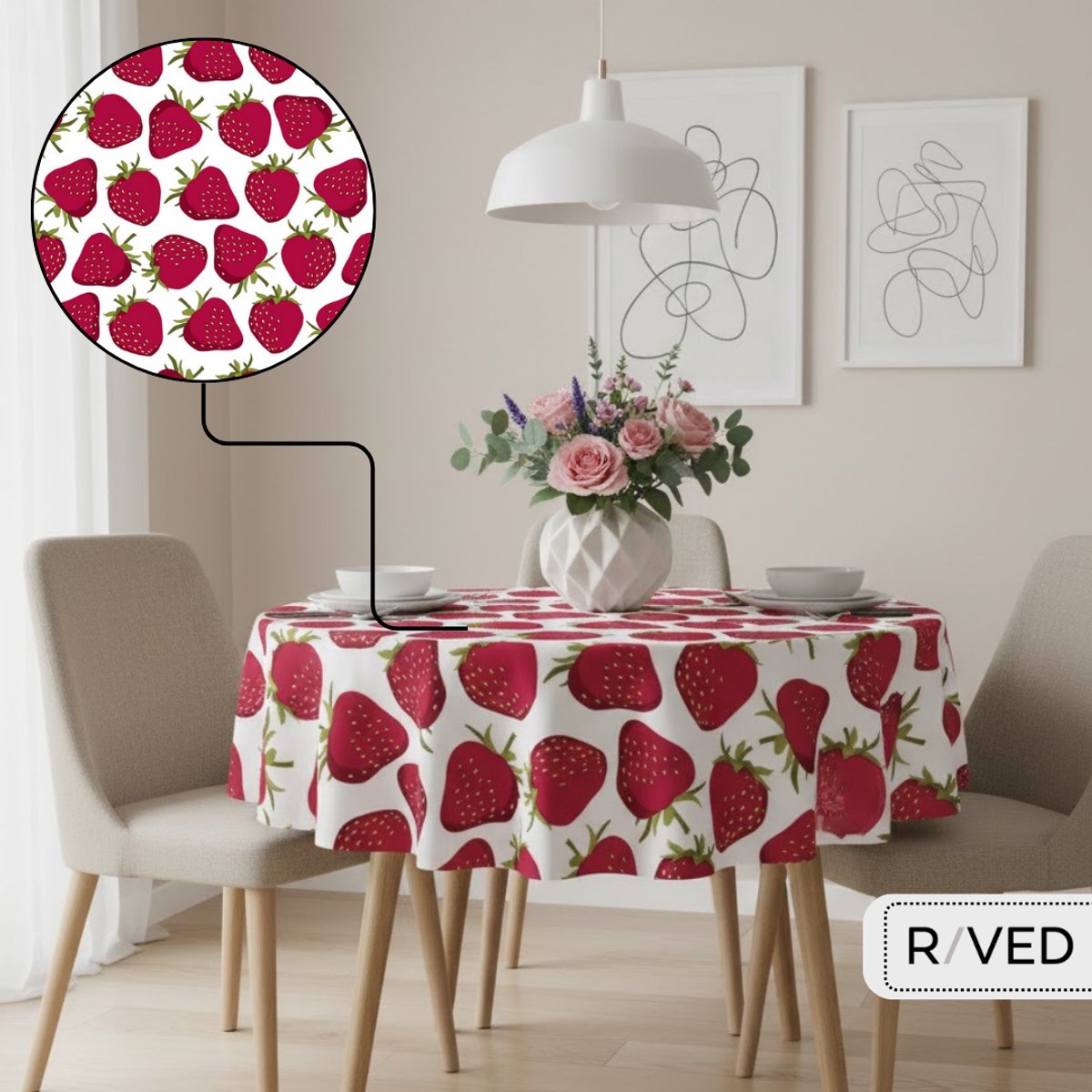 Raved Rond Tafelzeil - 140 cm ø - Aardbeien Rood - PVC - Afwasbaar