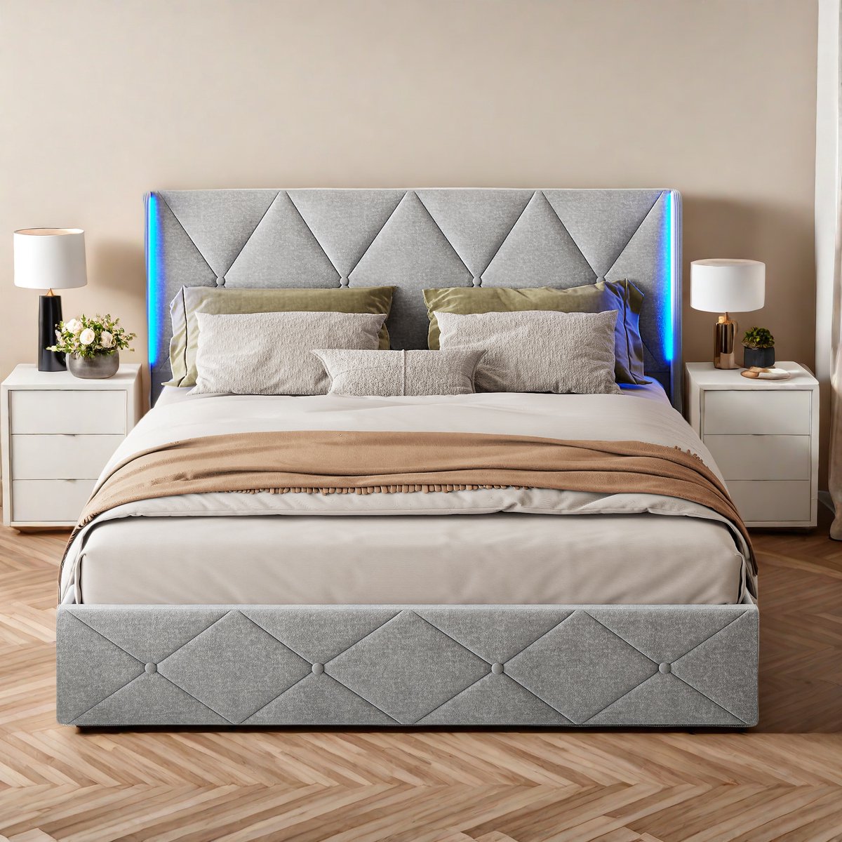 Gestoffeerd bed 140 x 200 cm, Hydraulisch opbergbed, Hoofdeinde met led-lichtstrips, Tweepersoonsbed, Europees bed, Grijs flanel