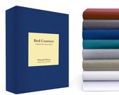 Stapel opgerolde flanellen lakens in verschillende kleuren met op de voorgrond een donkerblauwe doos van 'Bed Couture Flanel Fleece'.