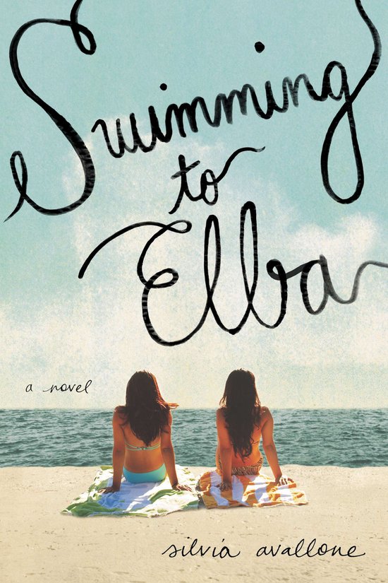 Boekhoes met de titel 'Swimming to Elba'. Twee vrouwen op het strand, kijkend naar de zee.