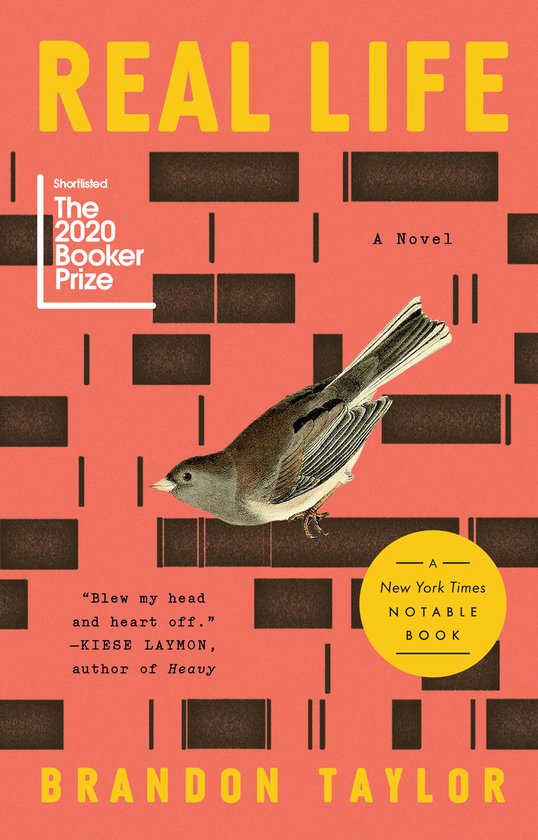 Boek "Real Life" van Brandon Taylor. Oranje omslag met een vogel en gele tekst.