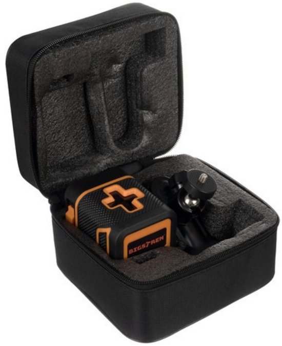 Zwarte opbergtas met een uitneembare schuimvoering en een zwarte en oranje laserwaterpas.