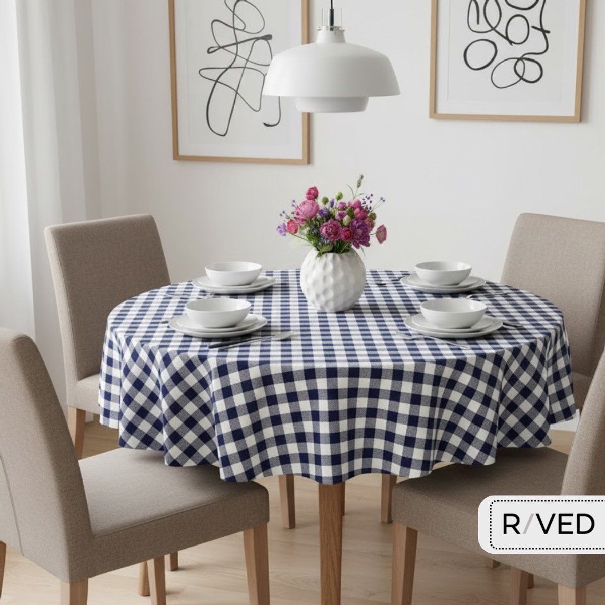 Raved Rond Tafelzeil - 140 cm ø Boerenruit Donkerblauw - PVC - Afwasbaar