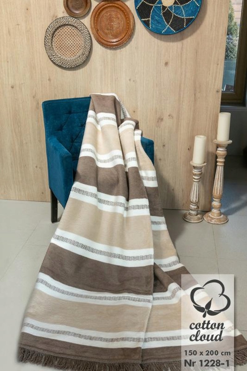 Acryl Katoenen Deken 150x200cm - Beige/Bruin Gestreept - Plaid