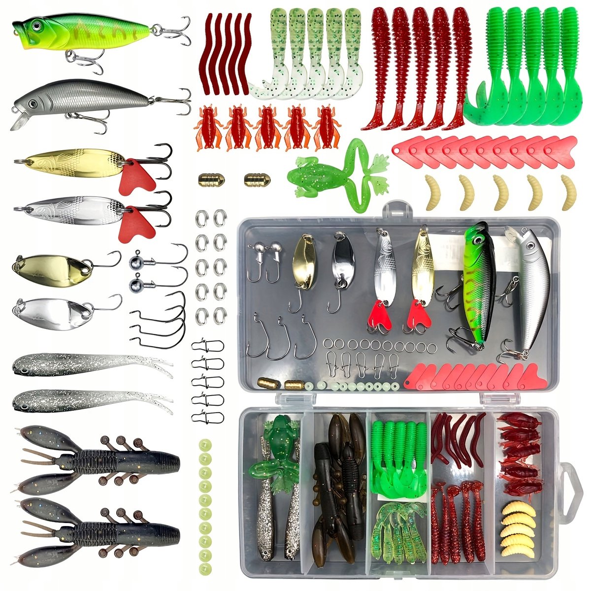 84-delige Visgereiset: Wobblers, Rubber Baits, Lepels & Meer