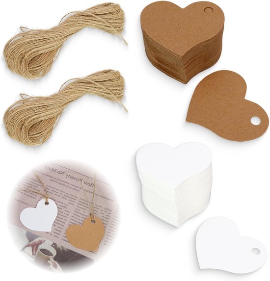 Cadeaulabels van kraftpapier, 150 stuks, 3 x 5 cm, klein kraftpapier, labels met 20 meter jute koord, cadeauhanger voor bruiloft, geschenken om te knutselen, wit