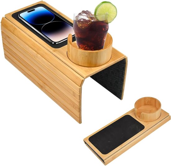 Plateau d'accoudoir - Plateau de rangement pour banc - Bambou naturel et durable - 41,5 x 33,5 cm - Support pour téléphone - Revêtement protecteur - Antidérapant - Organisateur - Banc - Siège - Canapé - Table basse