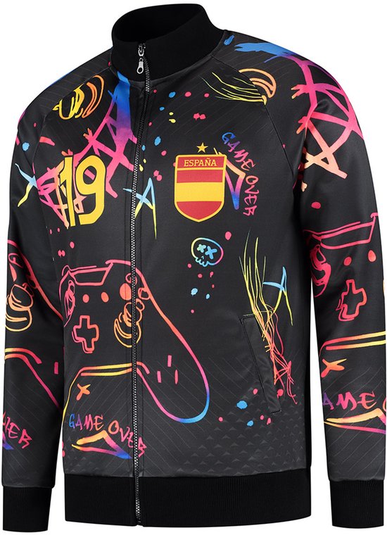 Zwarte trainingsjas met neonkleurige gaming-print, Spanje-logo en 'Game Over'-tekst.