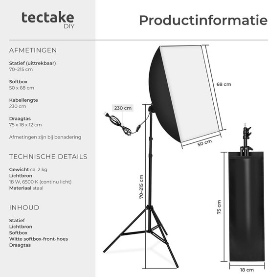 Tectake® Professionele Fotostudioset 1x Studiolicht Camerastatief Incl Led Verlichting Softbox Tas Voor Natuurlijk Licht Accessoires Voor Streaming Foto Selfie Video Webcam Binnen En Buiten