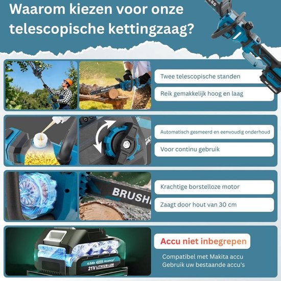 DailySupplies® Telescopische Snoeischaar - Mini Kettingzaag - Heggenschaar - Takkenschaar - Takkenzaag - Elektrische Snoeizaag met Accu - Zwart en Blauw van DailySupplies® — afbeelding 3