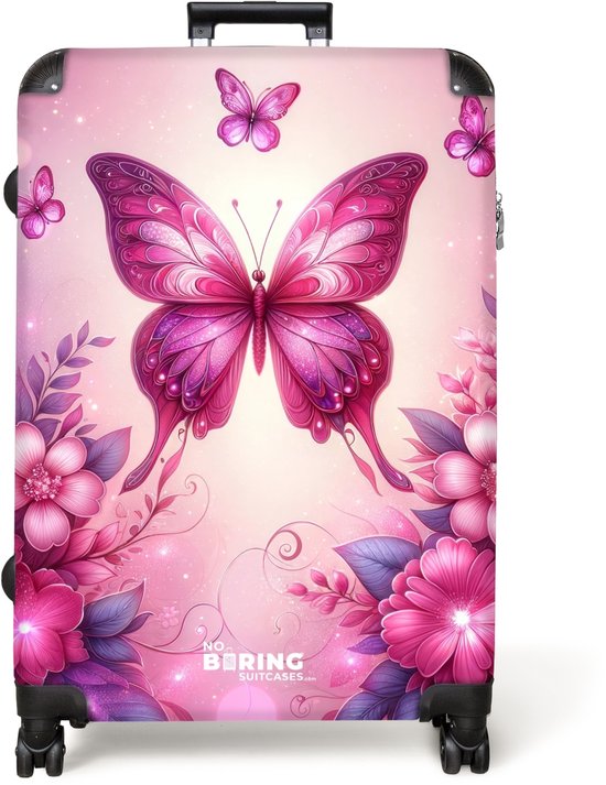 NoBoringSuitcases.com® - Koffer groot - Reiskoffer lichtgewicht - Roze vlinders tussen roze bloemen en glitters - Rolkoffer met 4 wielen - Grote trolley XL - 98 liter bagage
