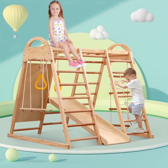 Prijzen vergelijken voor dubbele kinderschommel met glijbaan en klimladder - massief houten frame