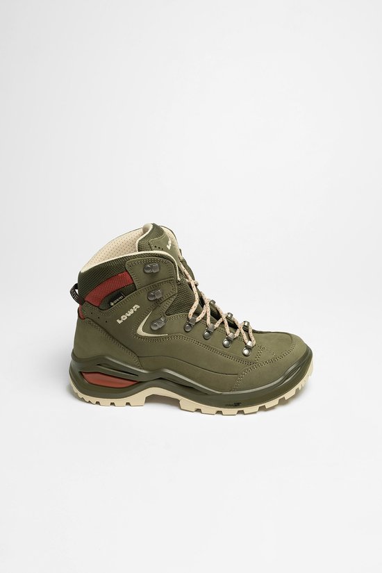 Groene halfhoge wandelschoen met bruine veters, rode en grijze details.