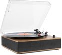 Houten platenspeler met zwarte speakerdoek, doorzichtige deksel en draaiende plaat.