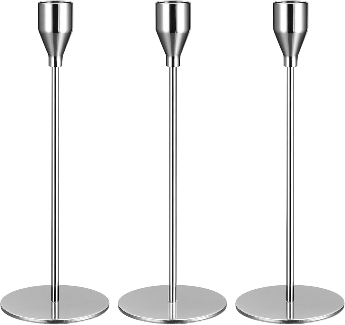 Famanu Vintage kandelaren zilver set van 3 – Conische metalen kaarsenhouders 24 cm – Tafeldecoratie voor diner en feest