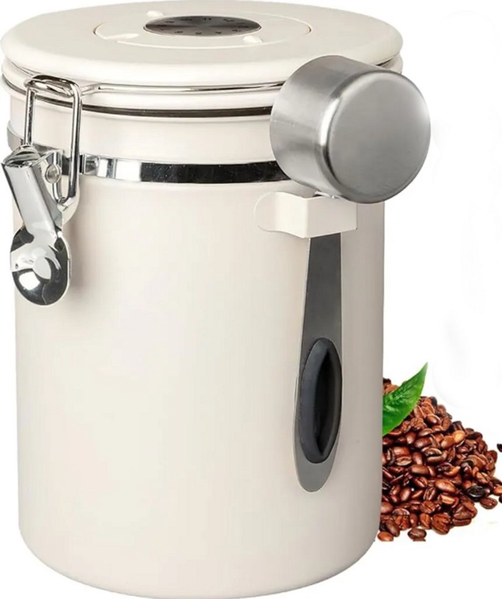 Een koffiepot van 1800 ml met een afsluitbaar deksel en een lepel, voor het bewaren van koffiegruis, koffiebonen, meel en granen.