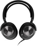 Zwarte SteelSeries Arctis Nova Pro gaming headset van voren gezien, met cirkelvormige details op de oorschelpen.