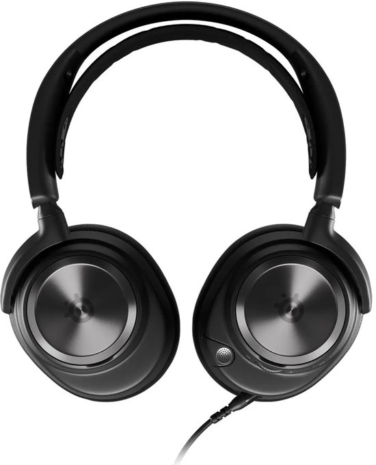 Zwarte SteelSeries Arctis Nova Pro gaming headset van voren gezien, met cirkelvormige details op de oorschelpen.