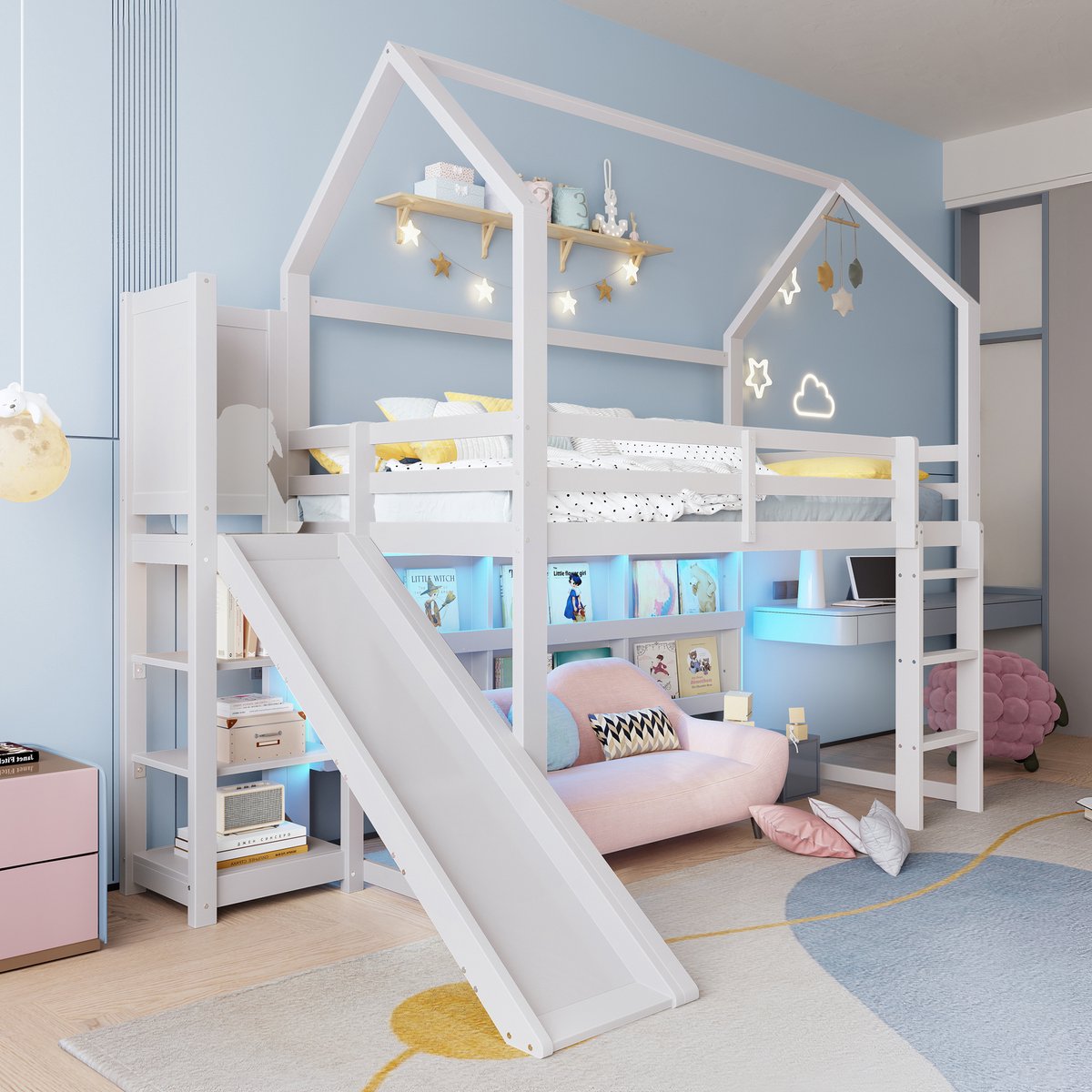 STILVORA Hoogslaper 90x200 cm – Huisvorm met LED-strip & Glijbaan – met Opbergrekken, Hek en Traptreden voor Veilige Toegang – Grenen+MDF – Wit – zonder matras