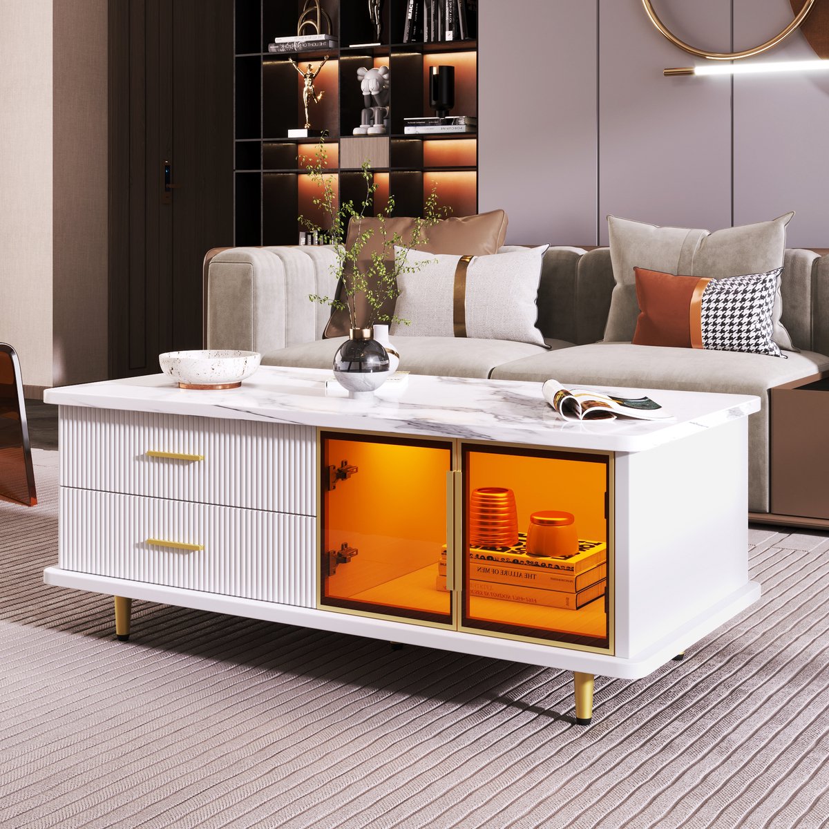 STILVORA Salontafel - Marmerprint Blad Met Golfstructuur Laden En Bruin Gehard Glas Deuren - RGB LED En Gouden Handgrepen - Spaanplaat - 100x50x40 cm - Wit+Goud